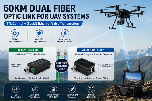 Latest company case about 60KM Dual Fiber Optic Link for UAV Systems: TTL Control + Gigabit Ethernet Video Transmission