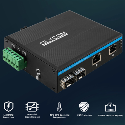 DC48V Industrial 2 Port POE Fiber Switch With 2 Gigabit SFP For Security System