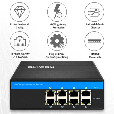 Gigabit Industrial Unmanaged PoE Media Converter 8 Port 120W 240W DC48V Output