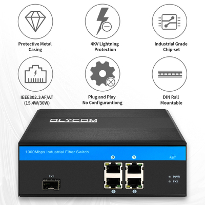 100 / 1000M 5 Port Ethernet POE Fiber Switch Unmanaged SFP Slot Af / At 120W