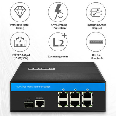 Gigabit Ethernet Industrial 6 Port Managed POE Switch With 1 Sfp Port Metal Case