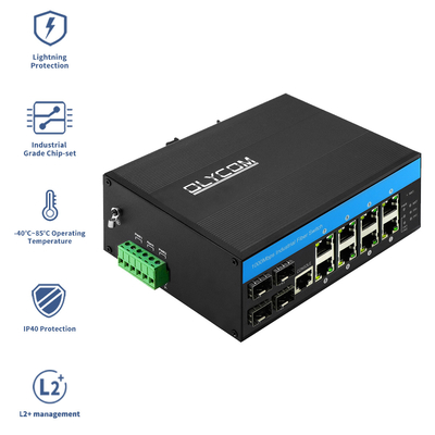 12 Port Gigabit Industrial Fiber Switch 10/100 / 1000mbps Managed Switch DC48V