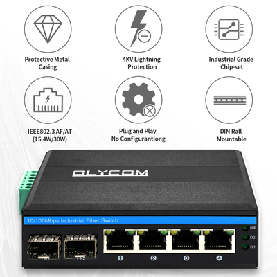 6 Port Industrial Poe Switch Unmanaged 10/100M 2 Fiber 4 Ethernet Ports Switch