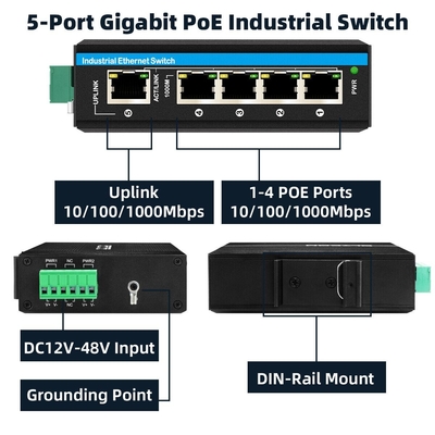 5 Port Gigabit Voltage Booster 12-48VDC Input Industrial Poe Network Switch