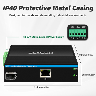 Industrial PoE Media Converter Gigabit Ethernet 30W 48V Output Din Rail Unmanaged
