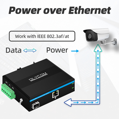 Industrial PoE Media Converter Gigabit Ethernet 30W 48V Output Din Rail Unmanaged