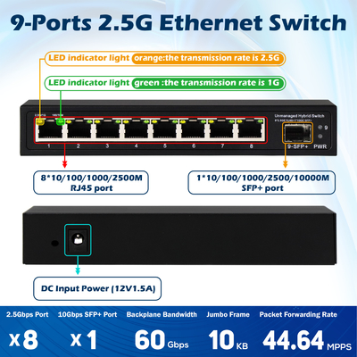 9 Port Unmanaged 2.5G Ethernet Switch With 10G Uplink SFP Port 60Gbps Backplane Bandwidth