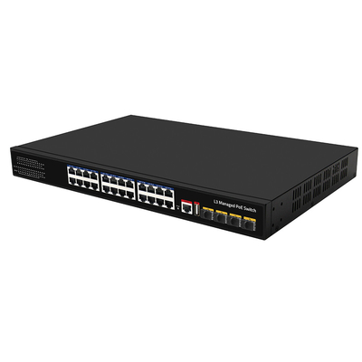 24 Port PoE Switch 10G Fiber300W Budget USB Console L3 Managed AC Input