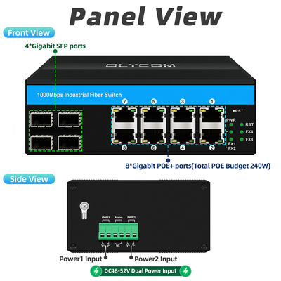 8 port gigabit poe switch industrial ethernet switch 4SFP+8RJ45 DC48V Dual power input
