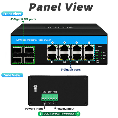 12 Port Industrial Ethernet Switch Din Network Switch 4SFP+8RJ45 DC12-52V Dual Power Supply