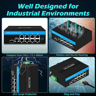 8 Port Industrial POE Switch with 240W Power and 6KV Surge Protection for Harsh Outdoor Environments