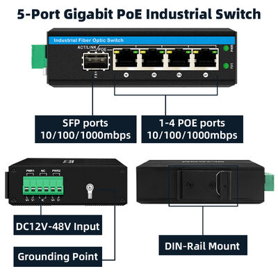 5 Port Gigabit Solar PoE Switch Optical Fiber Switch  DC12V/24V/48V Input