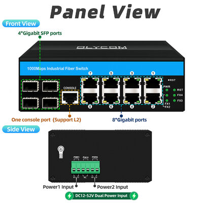 12 Port Industrial Gigibit Managed Fiber Switch Rugged Ethernet Switch DC12-52V Input With 4 SFP+8 RJ45