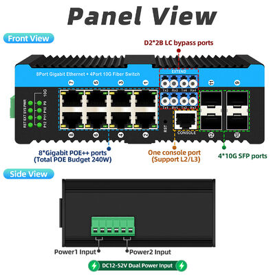 10G Industrial Fiber Bypass switch Ethernet PoE Switch 4*10G Sfp Ports+8*10/100/1000mbps